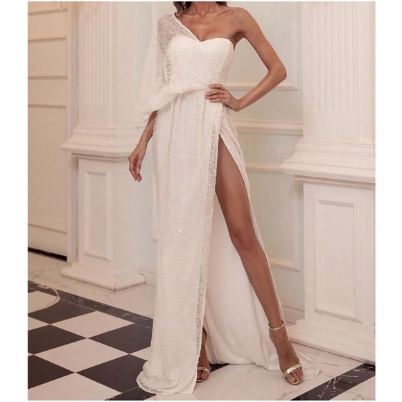 Luxe Sequin One Shoulder Evening Formal Wedding Dress - Picture 4 of 8